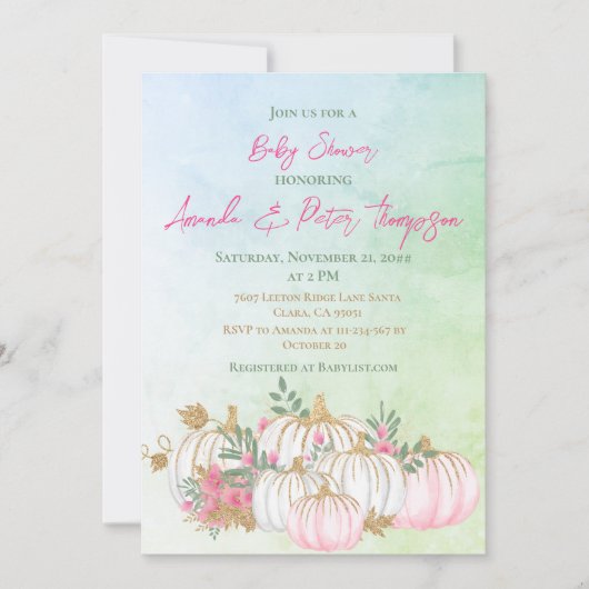 Herfst Pumpkin Blush Pink Gold Green Baby shower Kaart (Voorkant)