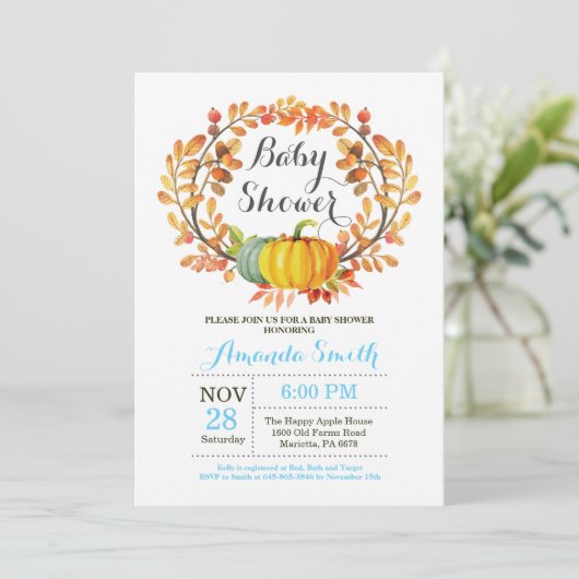 Herfst Pumpkin Boy Baby shower Invitation Card Kaart (Staand voorkant)