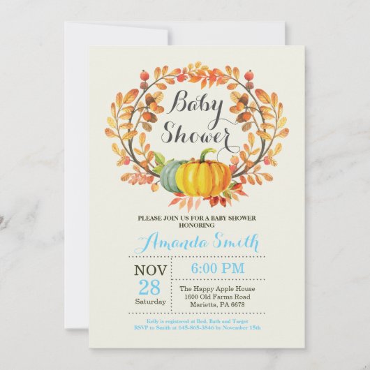 Herfst Pumpkin Boy Baby shower Invitation Kaart (Voorkant)