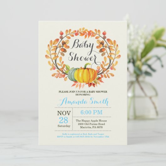 Herfst Pumpkin Boy Baby shower Invitation Kaart (Staand voorkant)