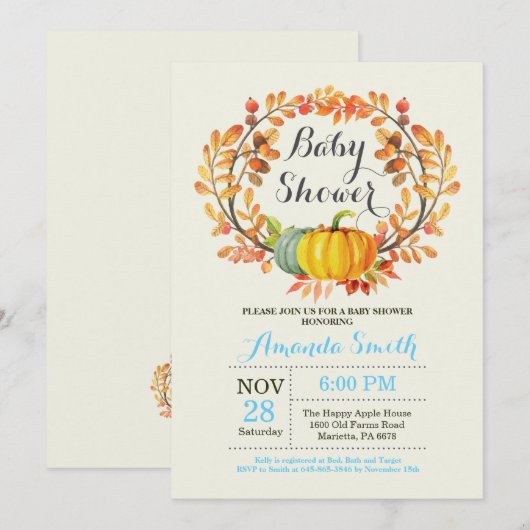 Herfst Pumpkin Boy Baby shower Invitation Kaart (Voorkant / Achterkant)