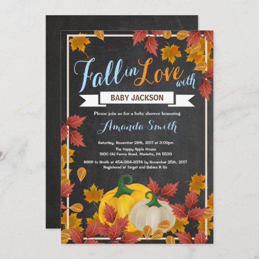 Herfst Pumpkin Boy Baby shower uitnodiging schoolb (Voorkant / Achterkant)