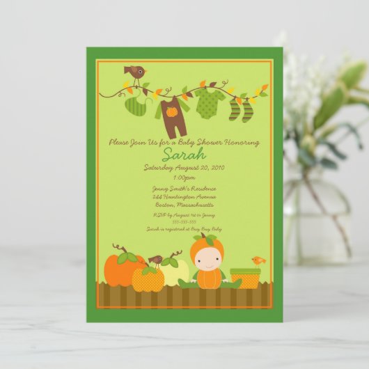 Herfst Pumpkin Boy Clothesline Baby shower Invite Kaart (Staand voorkant)