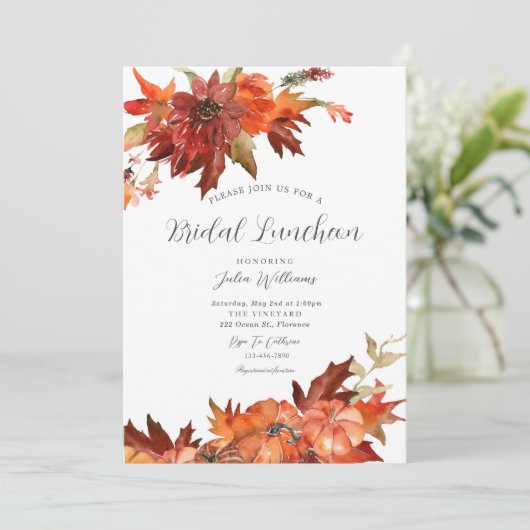 Herfst Pumpkin Bridal Luncheon Wedding Kaart (Staand voorkant)