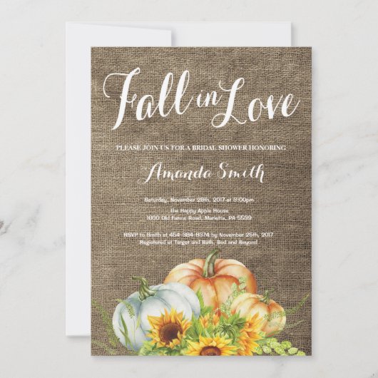 Herfst Pumpkin Bridal Shower-uitnodiging Burlap Kaart (Voorkant)