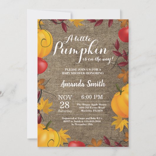 Herfst Pumpkin Burlap Baby shower-uitnodiging Kaart (Voorkant)