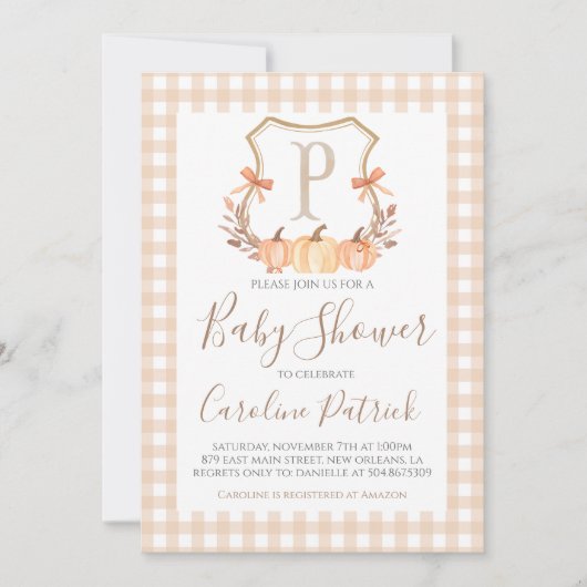 Herfst Pumpkin Crest Preppy Baby shower Uitnodigin Kaart (Voorkant)