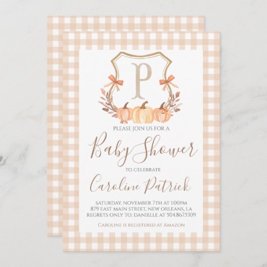 Herfst Pumpkin Crest Preppy Baby shower Uitnodigin Kaart (Voorkant / Achterkant)