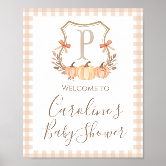 Herfst Pumpkin Crest Preppy Baby shower Welkomstbo Poster (Voorkant)