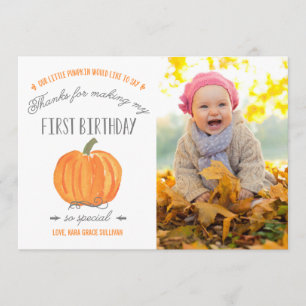 Herfst Pumpkin   Eerste verjaardag Dankjewel met F Bedankkaart