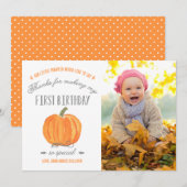 Herfst Pumpkin | Eerste verjaardag Dankjewel met F Bedankkaart (Voorkant / Achterkant)