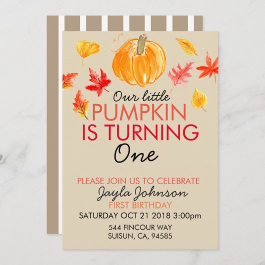 Herfst pumpkin eerste verjaardag Uitnodiging (Voorkant / Achterkant)