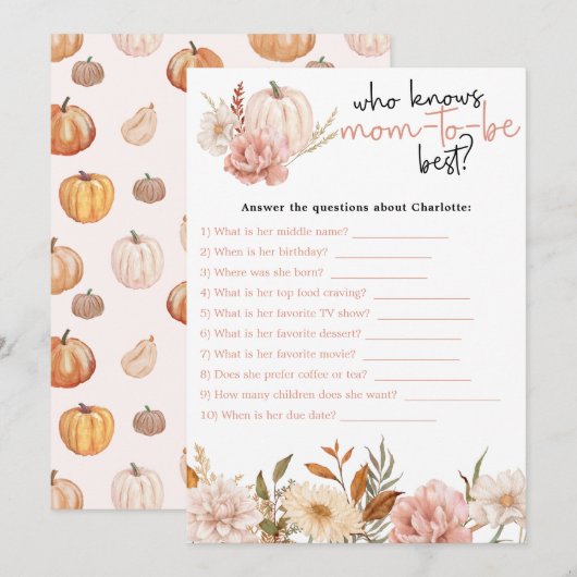 Herfst Pumpkin Floral Baby shower Game Card Bedankkaart (Voorkant / Achterkant)