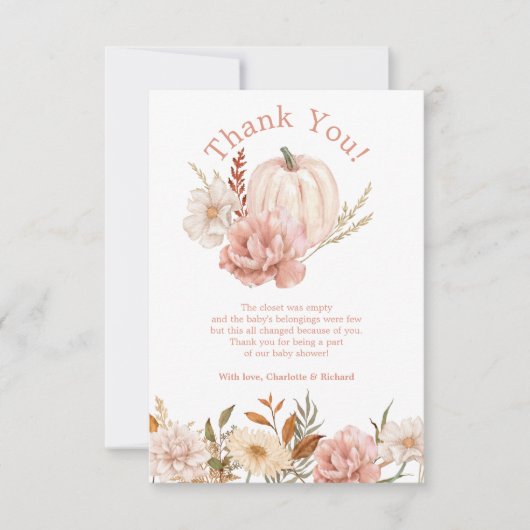 Herfst Pumpkin Floral Baby shower Hartelijk dank Bedankkaart (Voorkant)