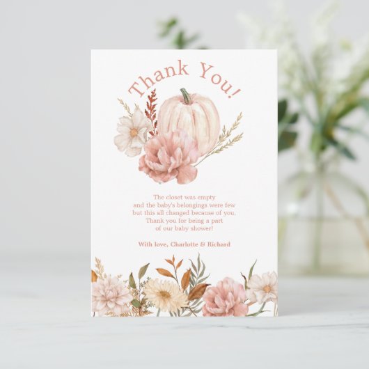 Herfst Pumpkin Floral Baby shower Hartelijk dank Bedankkaart (Staand voorkant)