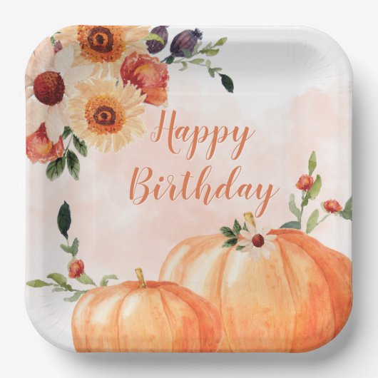 Herfst Pumpkin Floral Birthday Papieren Bordje (Voorkant)