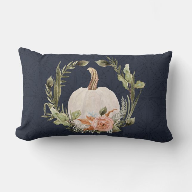 Herfst Pumpkin Foliage Terracotta Floral Navy Blue Kussen (Voorkant)