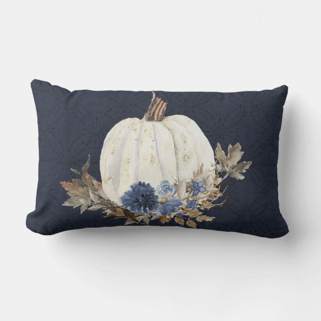 Herfst Pumpkin Foliage Waterverf Navy Blue Floral Kussen (Voorkant)