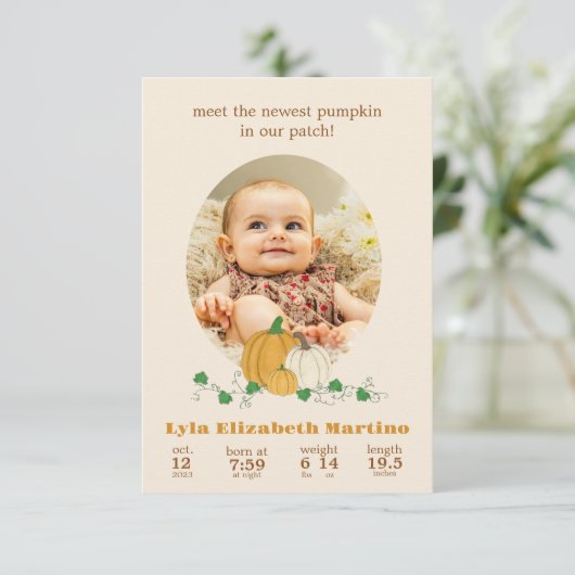 Herfst Pumpkin Geboorte Aankondiging (Staand voorkant)