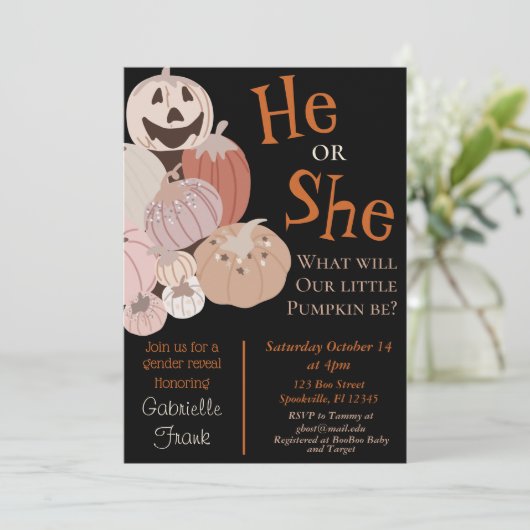 Herfst Pumpkin Gender Reopenbaarmakingsuitnodiging Kaart (Staand voorkant)