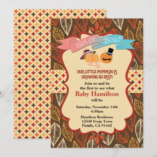 Herfst Pumpkin Gender Reveal Invitation, Kaart (Voorkant / Achterkant)
