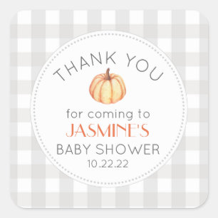 Herfst pumpkin gingham neutraal baby shower voor vierkante sticker