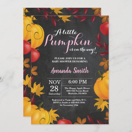 Herfst Pumpkin Girl Baby shower nodigt Chalkboar u Kaart (Voorkant / Achterkant)