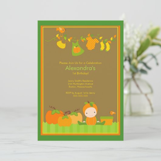 Herfst Pumpkin Girl Birthday Party Invitation Kaart (Staand voorkant)