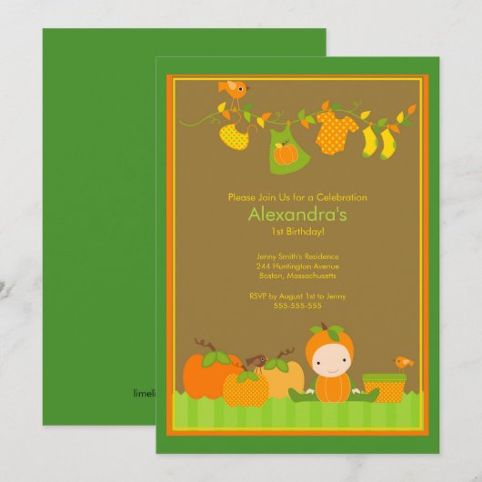 Herfst Pumpkin Girl Birthday Party Invitation Kaart (Voorkant / Achterkant)
