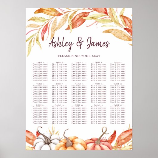 Herfst Pumpkin Golden Foliage Wedding Seding Chart Poster (Voorkant)
