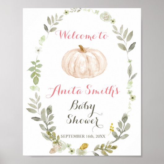 Herfst Pumpkin Greenery Floral baby shower welkom Poster (Voorkant)