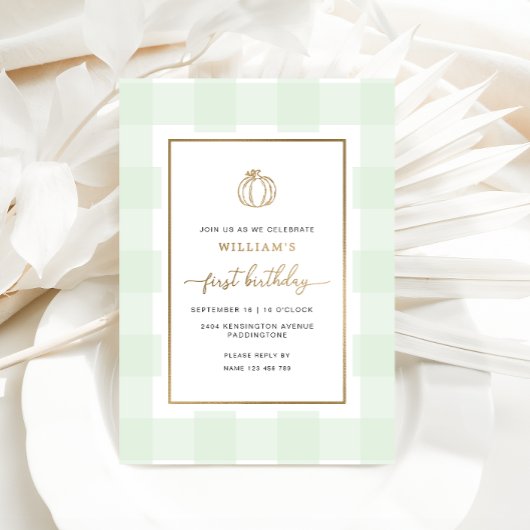 Herfst Pumpkin Mint Gingham Birthday Folie Uitnodi Folie Uitnodiging