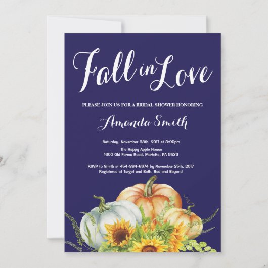 Herfst Pumpkin Navy Blue Bridal Shower-uitnodiging Kaart (Voorkant)