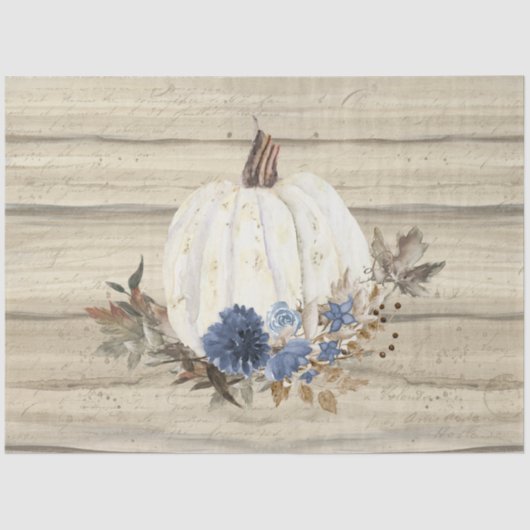 Herfst Pumpkin Navy Blue Floral Script Wooden Tissuepapier (Voorkant)