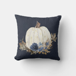 Herfst Pumpkin Navy Blue Waterverf Floral Foliage Kussen