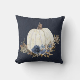 Herfst Pumpkin Navy Blue Waterverf Floral Foliage Kussen