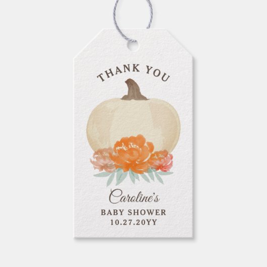 Herfst Pumpkin Oranje Floral & Burlap Baby shower Cadeaulabel (Voorkant)