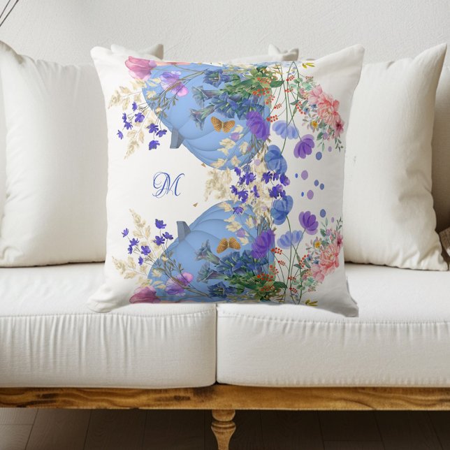 Herfst Pumpkin Pastel Blue Botanical Flora Monogra Kussen (Fall Pumpkin Pastel Blue Botanical Flora Monogram Throw Pillow)