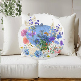 Herfst Pumpkin Pastel Blue Botanical Floral Rond Kussen