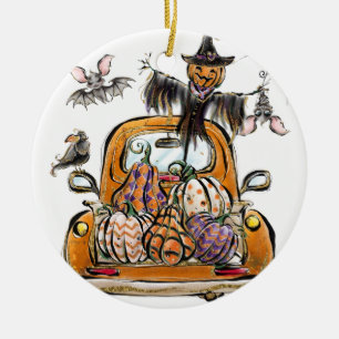 Herfst Pumpkin Patch Truck met vleermuizen Keramisch Ornament