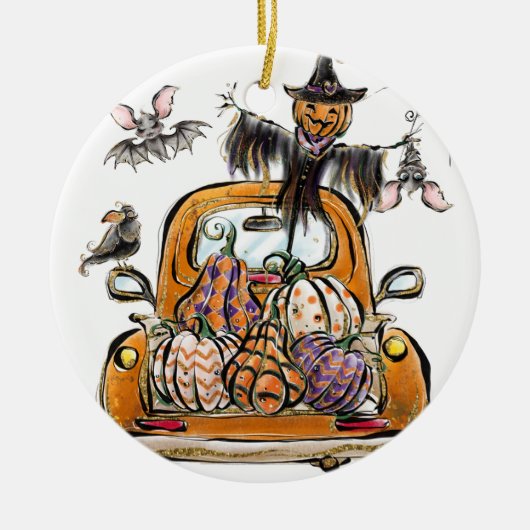 Herfst Pumpkin Patch Truck met vleermuizen Keramisch Ornament (Voorkant)