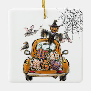 Herfst Pumpkin Patch Truck met vleermuizen Keramisch Ornament