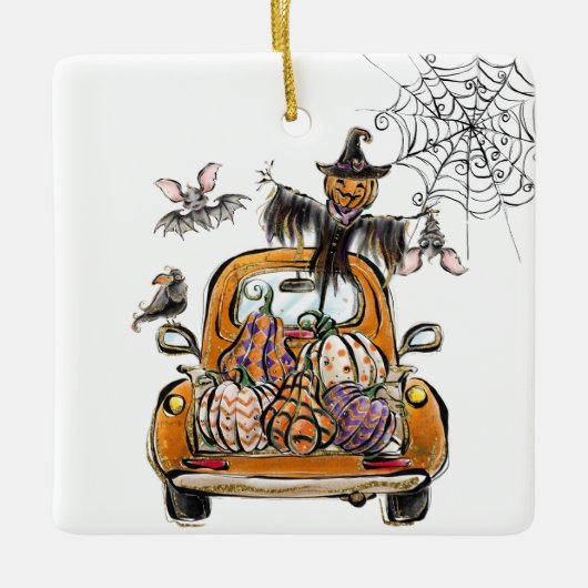 Herfst Pumpkin Patch Truck met vleermuizen Keramisch Ornament (Voorkant)