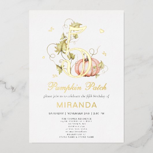 Herfst Pumpkin Patch Verjaardag Herfst 5e Verjaard Folie Uitnodiging (Voorkant)