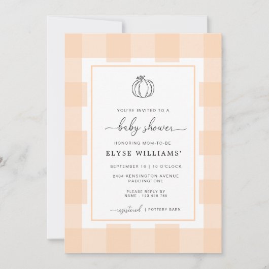 Herfst Pumpkin Peach Gingham Baby shower Uitnodigi Kaart (Voorkant)