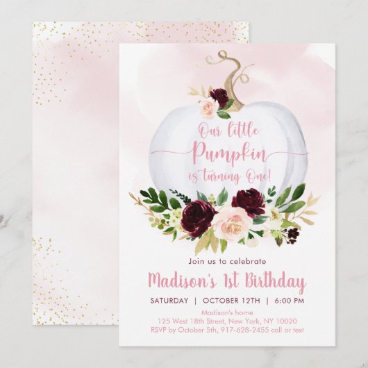 Herfst Pumpkin Pink Burgundy Gold Eerste verjaarda Kaart (Voorkant / Achterkant)