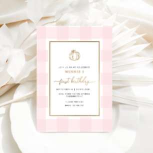 Herfst Pumpkin Pink Gingham Birthday Folie Uitnodi Uitnodiging