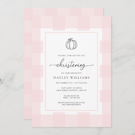 Herfst Pumpkin Pink Gingham Uitnodiging (Voorkant / Achterkant)