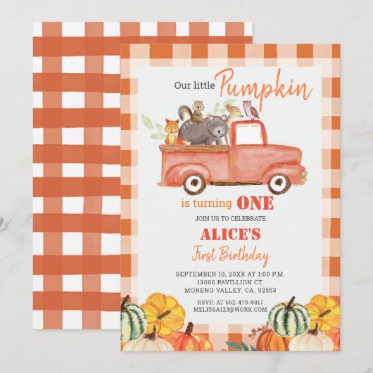 Herfst Pumpkin Red Truck Waterverf verjaardag Kaart (Voorkant / Achterkant)