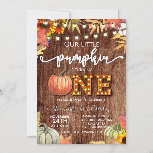 Herfst Pumpkin Rustic First Birthday Uitnodiging (Voorkant)